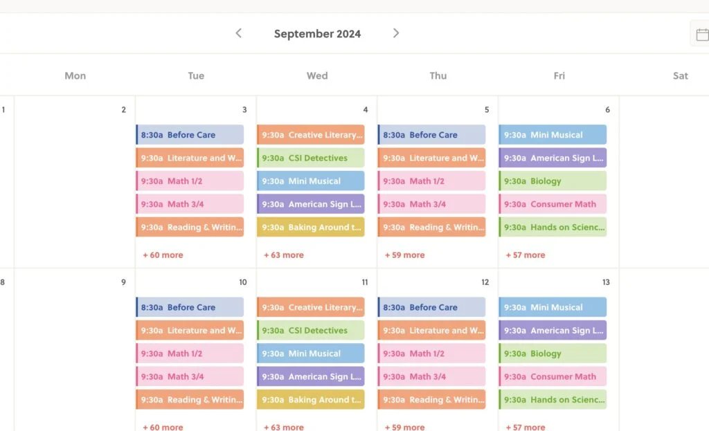 Class descriptions calendar screenshot